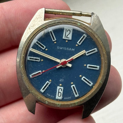 34mm Vintage Men's Swissam Desa 320 Blue Dial Manual Wind Watch PARTS / REPAIR