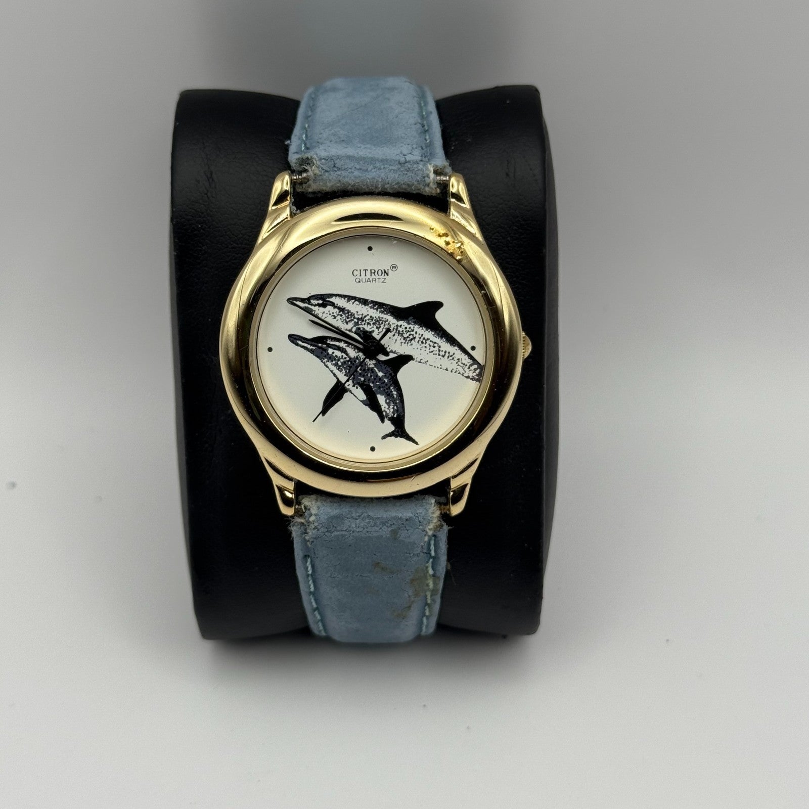 Citron Ladies Quartz Watch Dolphin Dial Gold Tone Blue Strap Working 35mm