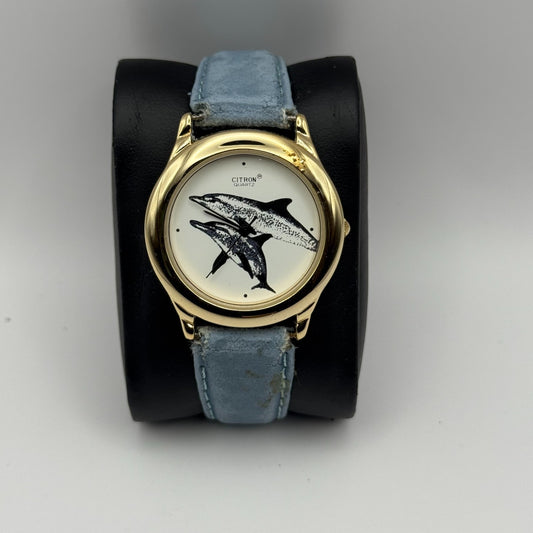Citron Ladies Quartz Watch Dolphin Dial Gold Tone Blue Strap Working 35mm