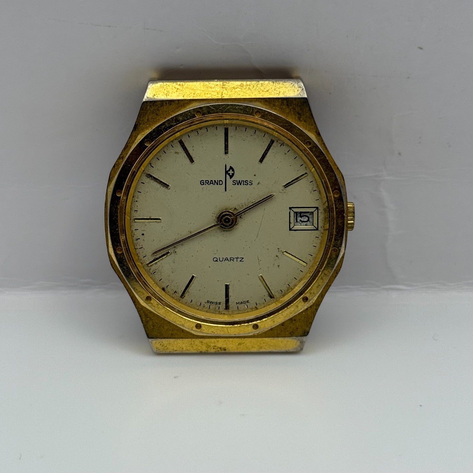 EB 870.111 Grand Swiss Quartz Watch Gold Tone Date 33mm UNTESTED PARTS REPAIR