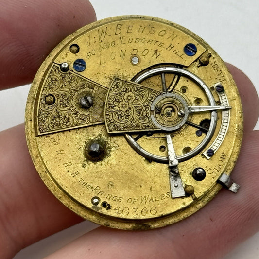 37.3mm J W Benson Fusee Pocket Watch Movement For Parts Repair Restoration
