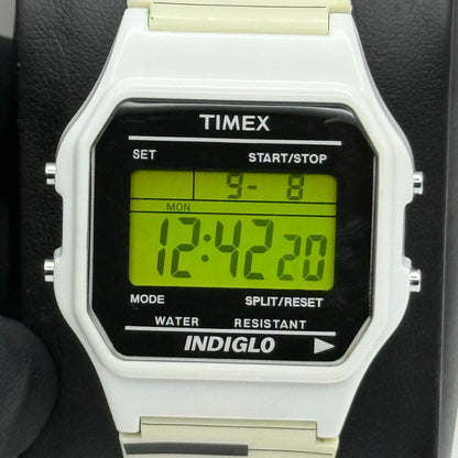 Timex Indiglo Digital Quartz Watch Piano Strap White Black Strap Working 34mm