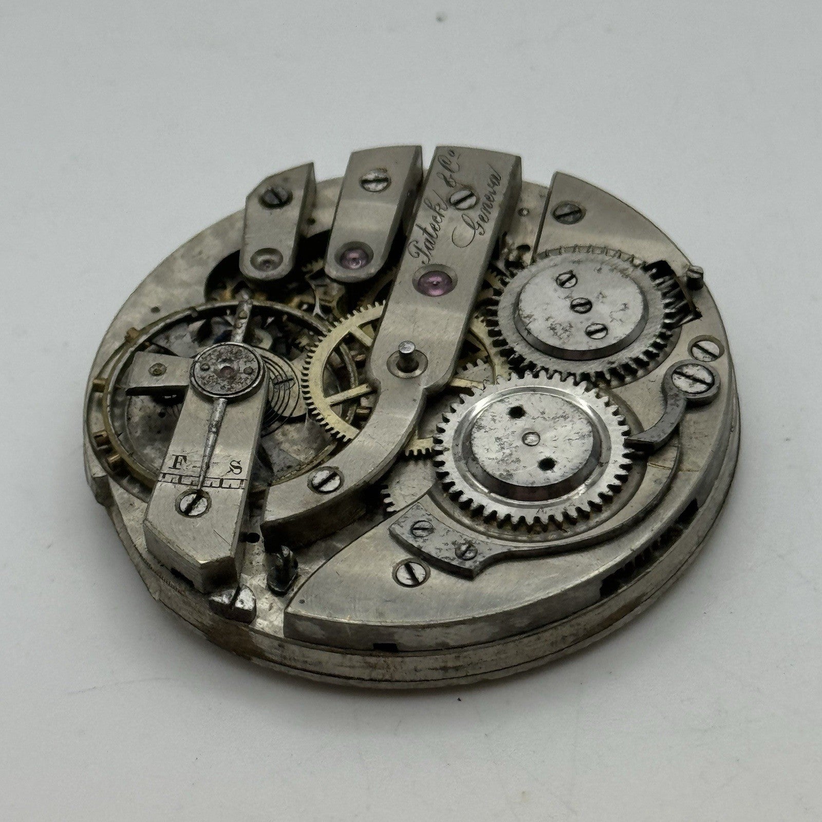 42.8mm Rare Antique Pateck & Co Geneva Swiss Pocket Watch Movement TO RESTORE