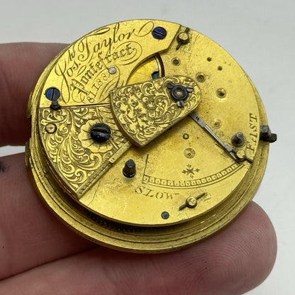 40.9mm Antique Joseph Taylor Pontefract Fusee Pocket Watch Movement - PARTS