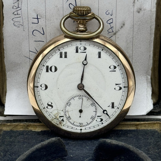 49mm WORKING Vintage Gold Filled Sub Seconds Open Face Pocket Watch & Box