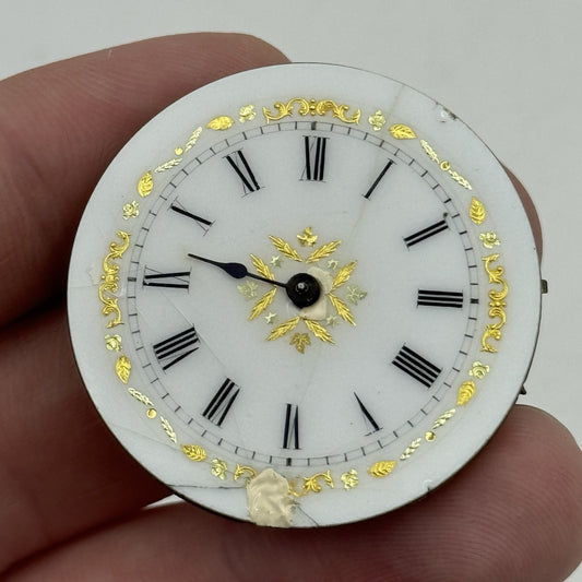 36mm Antique Beautiful Porcelain Dial Pocket Watch Movement - PARTS REPAIR