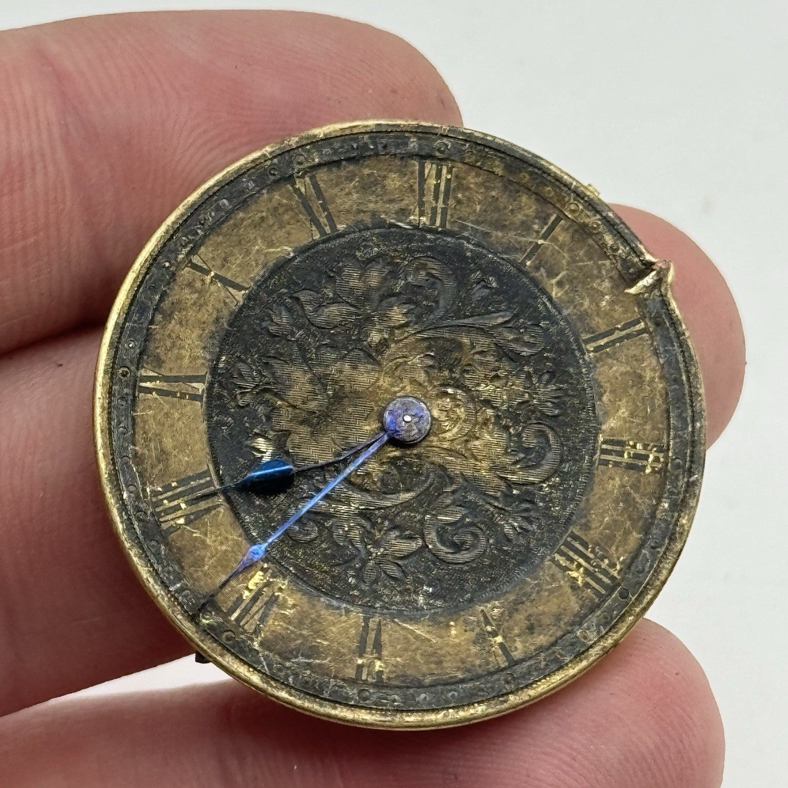 33.8mm Antique Quality Floral Dial Pocket Watch Movement Hands - PARTS REPAIR