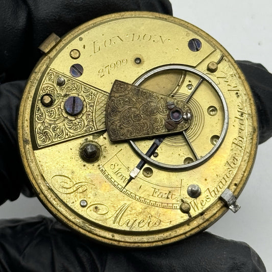 43.3mm Antique J Myers English Key Wound Fusee Pocket Watch Movement - PARTS