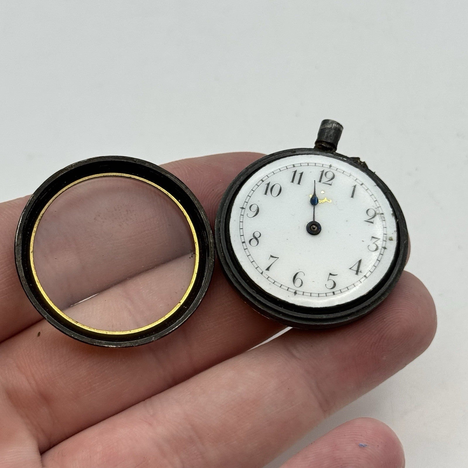 33mm Antique Beautiful Porcelain Dial Gun Metal Grey Fob Pocket Watch PARTS