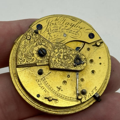 40.9mm Antique Joseph Taylor Pontefract Fusee Pocket Watch Movement - PARTS