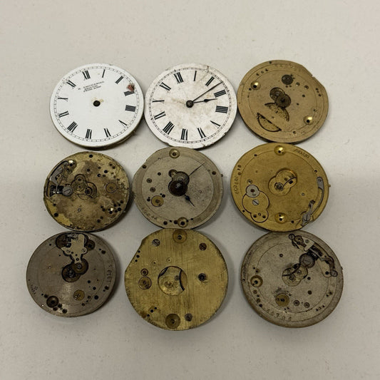 9 x Antique Mixed Pocket Watch Movements Bundle Job Lot Spares Repairs Parts