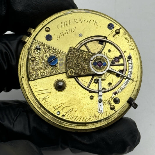 44.7mm Antique Greenock Fusee Pocket Watch Movement - Balance Intact PARTS