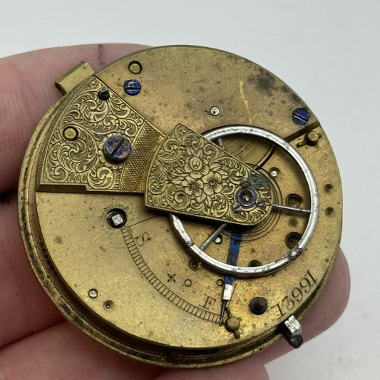 43mm Antique Fusee Pocket Watch Movement - Chain Missing PARTS REPAIR SPARES