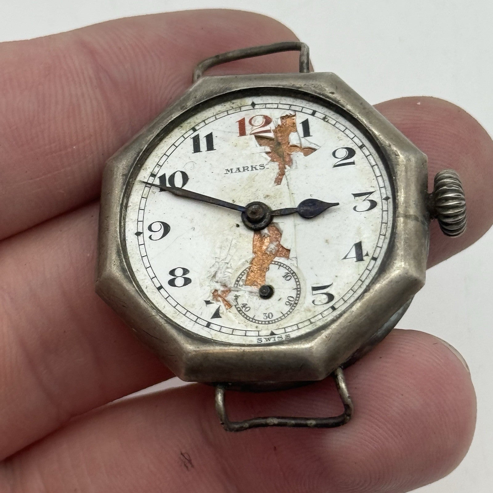 34mm Octagonal Marksman Possibly Silver Trench Watch Vintage TO RESTORE PARTS