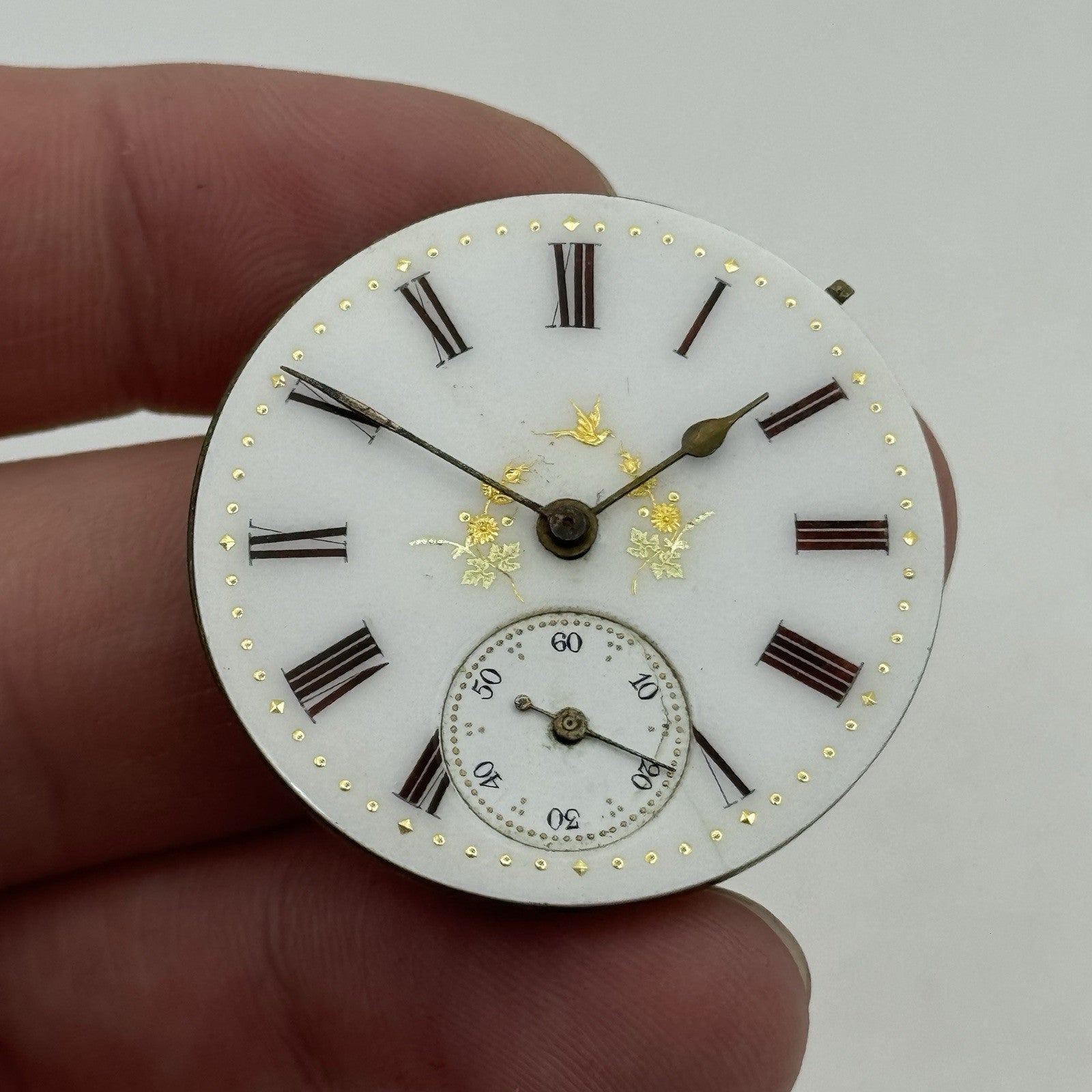 35.5mm Antique Beautiful Porcelain Dial Pocket Watch Movement - PARTS REPAIR