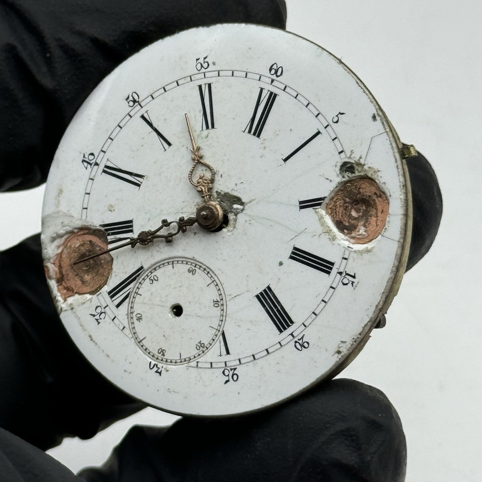 40.5mm Antique Top Wind Pocket Watch Movement - Porcelain Dial PARTS REPAIR