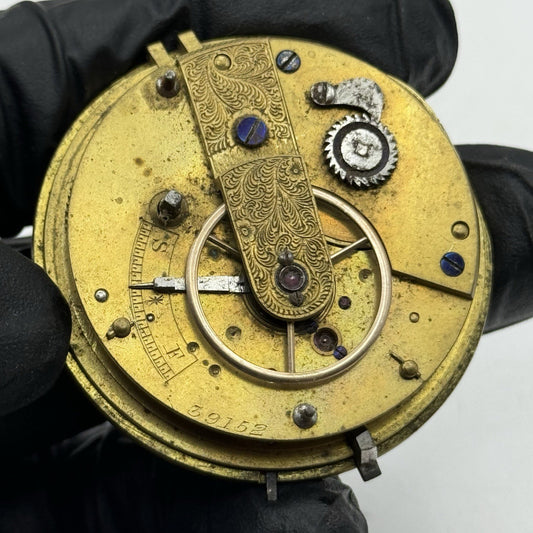 45.7mm Antique Key Wound Fusee Pocket Watch Movement Chain Present PARTS REPAIR