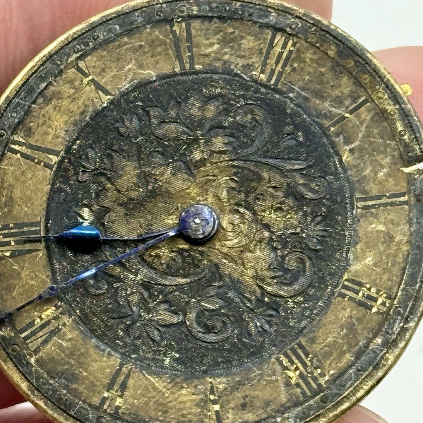 33.8mm Antique Quality Floral Dial Pocket Watch Movement Hands - PARTS REPAIR