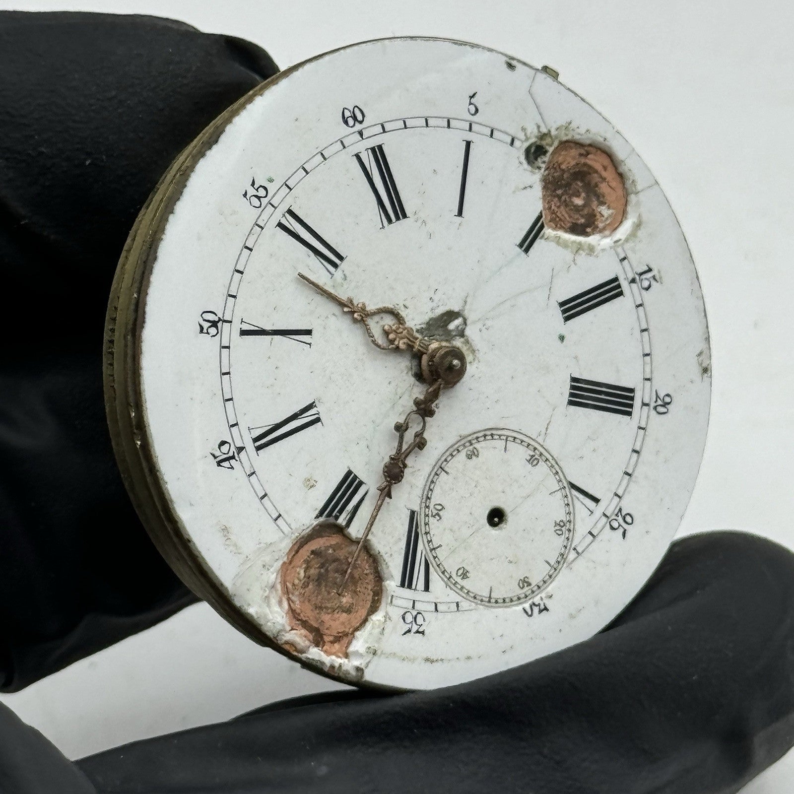 40.5mm Antique Top Wind Pocket Watch Movement - Porcelain Dial PARTS REPAIR
